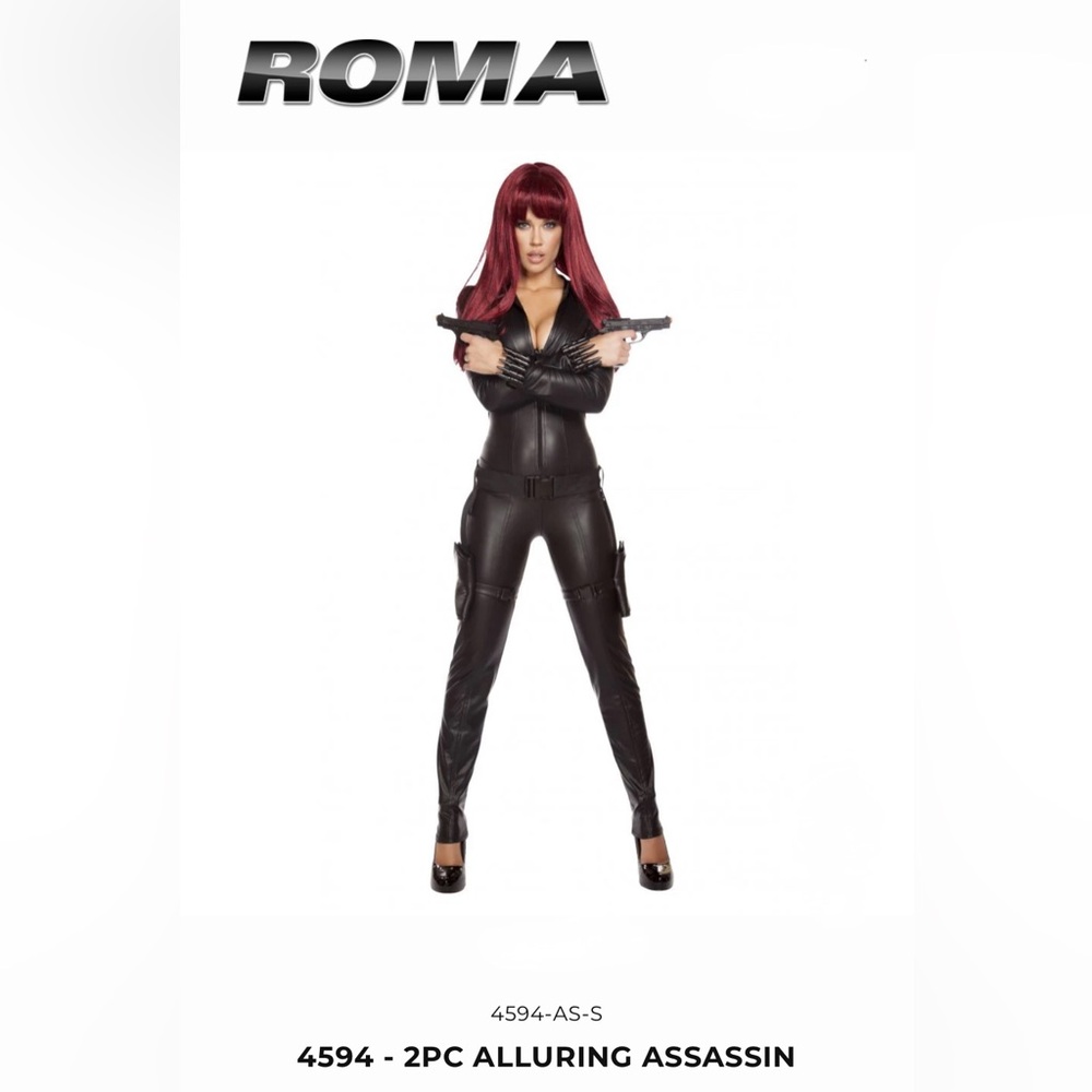 Roma Alluring Assassin 2 Piece Black Jumpsuit Catsuit Holsters Black Widow M